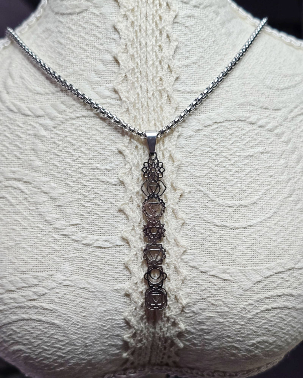 7 Seven Chakra Sacred Geometry Stainless Steel Necklace Vertical Pendant 20"