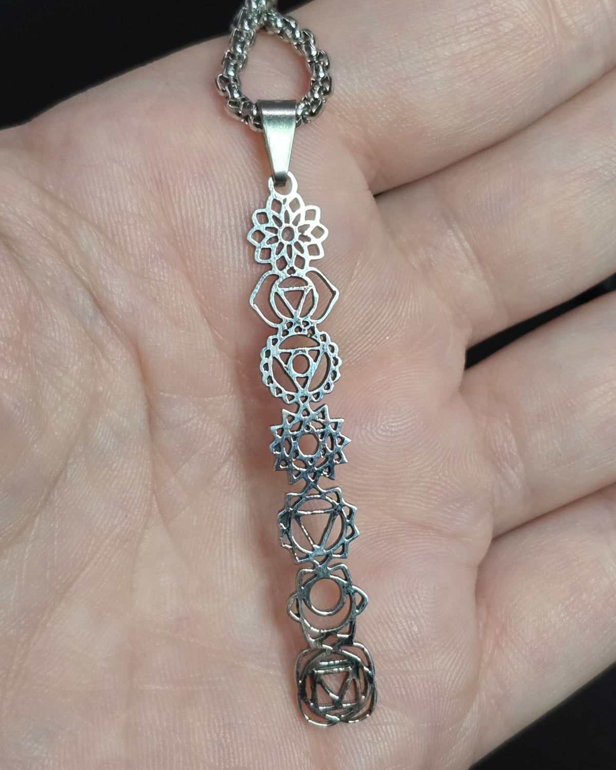 7 Seven Chakra Sacred Geometry Stainless Steel Necklace Vertical Pendant 20"
