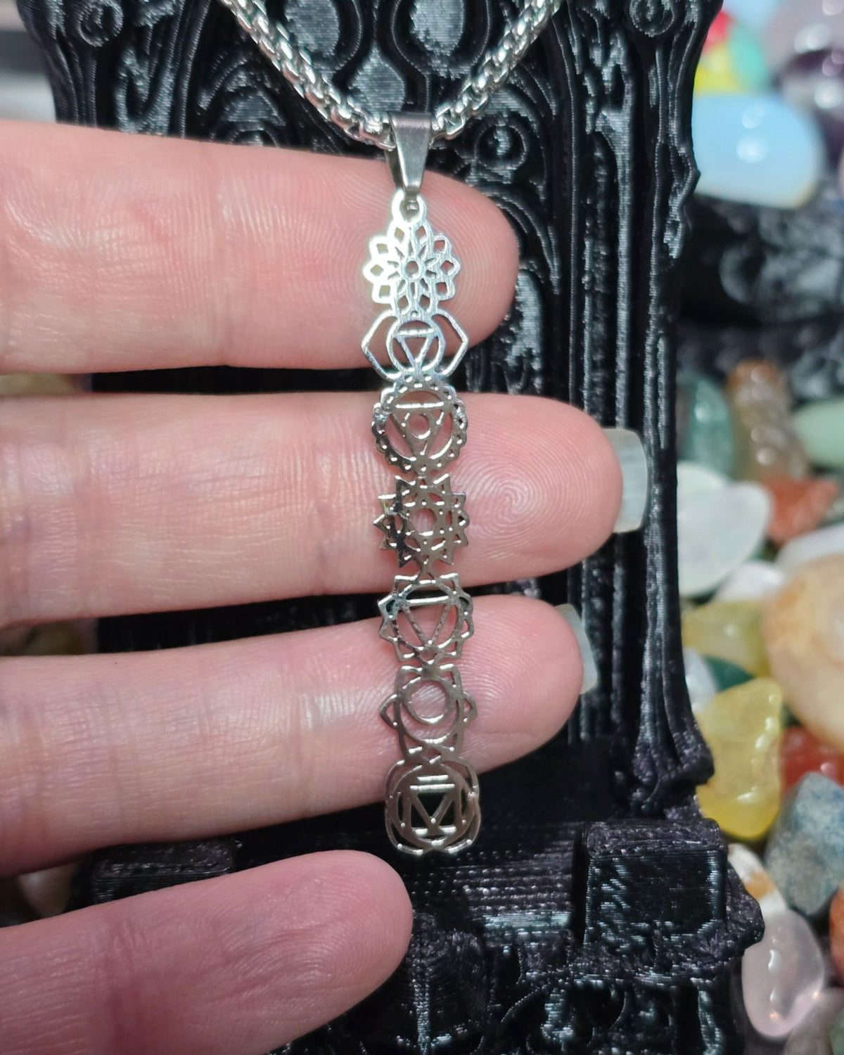7 Seven Chakra Sacred Geometry Stainless Steel Necklace Vertical Pendant 20"