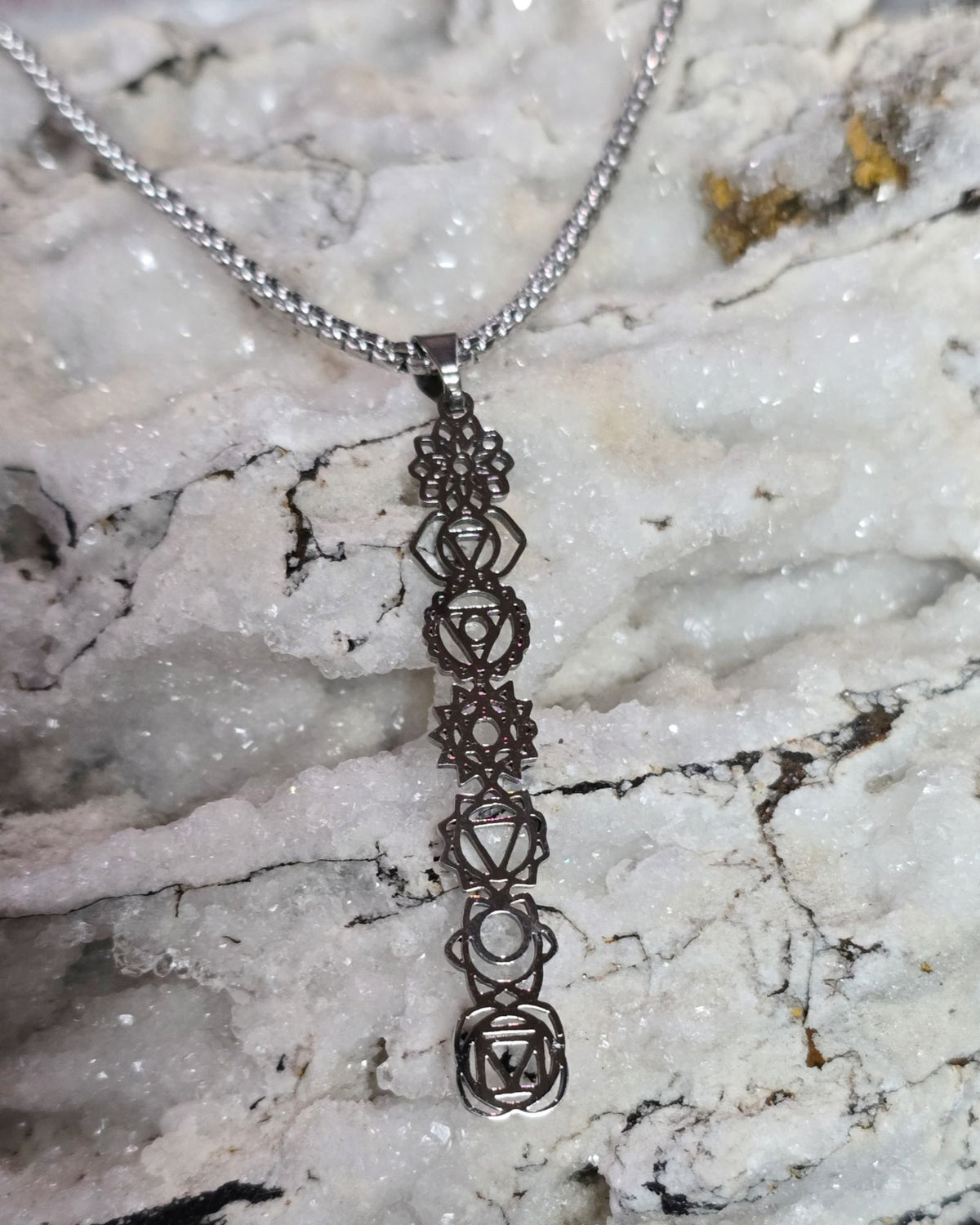 7 Seven Chakra Sacred Geometry Stainless Steel Necklace Vertical Pendant 20"