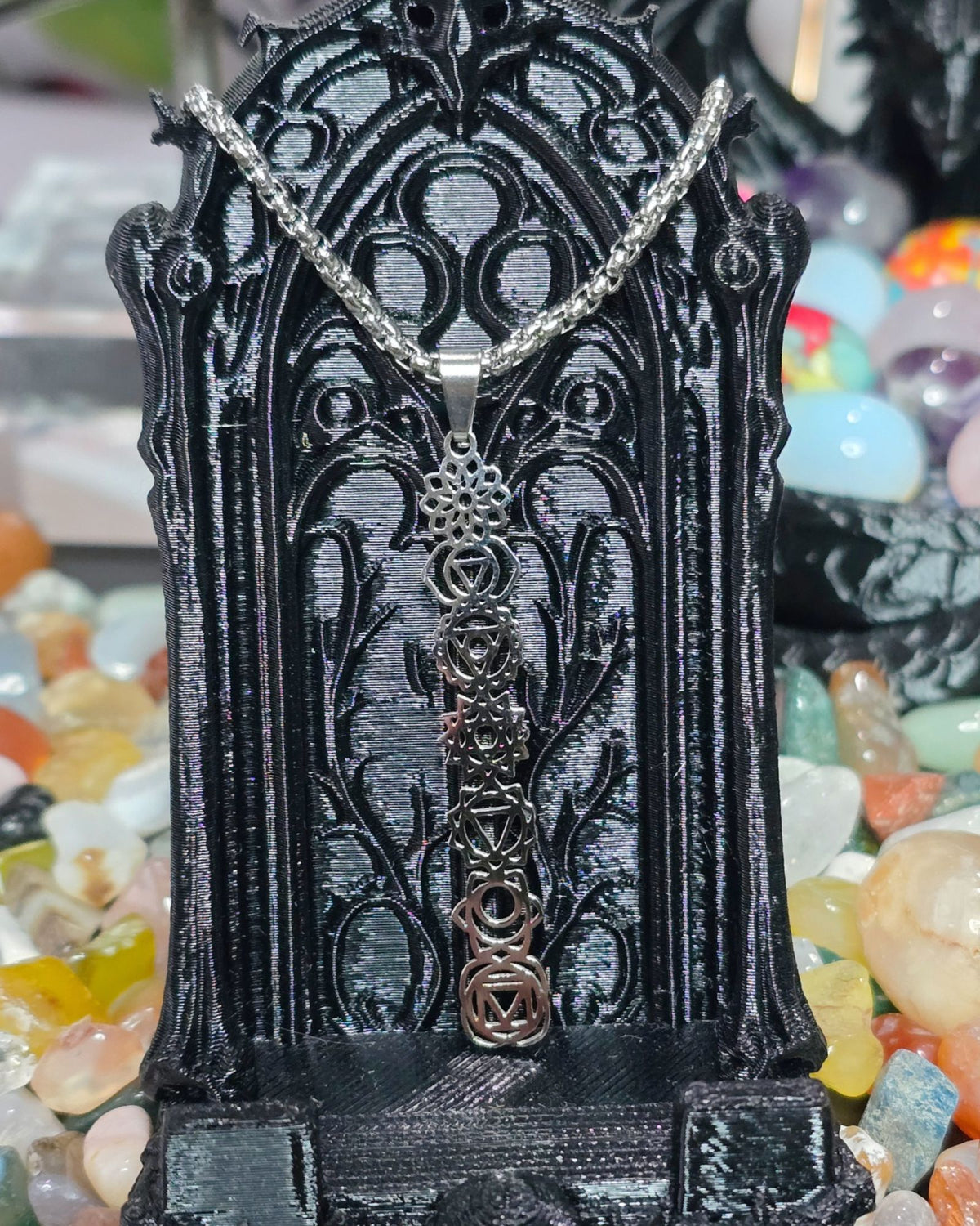 7 Seven Chakra Sacred Geometry Stainless Steel Necklace Vertical Pendant 20"