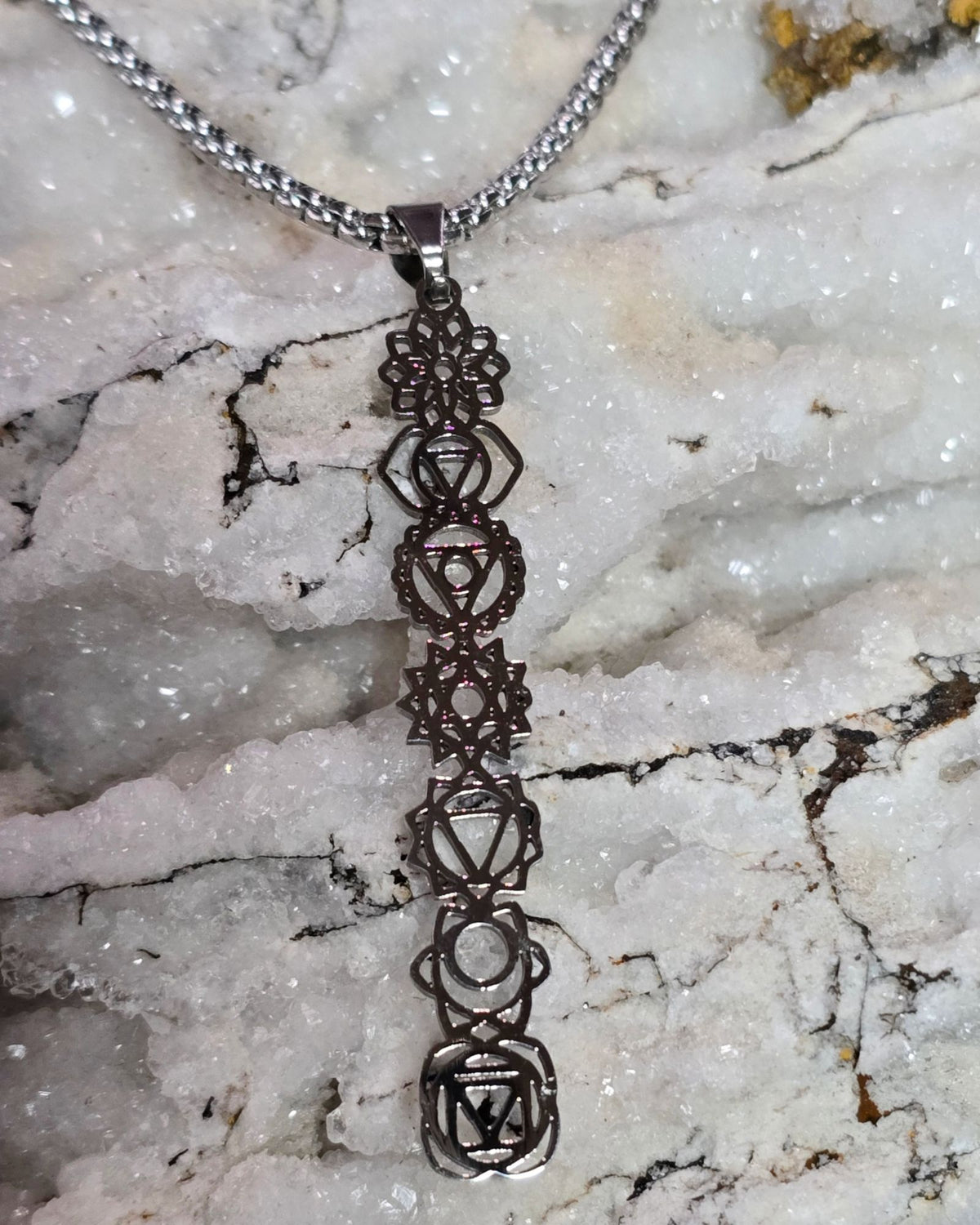 7 Seven Chakra Sacred Geometry Stainless Steel Necklace Vertical Pendant 20"