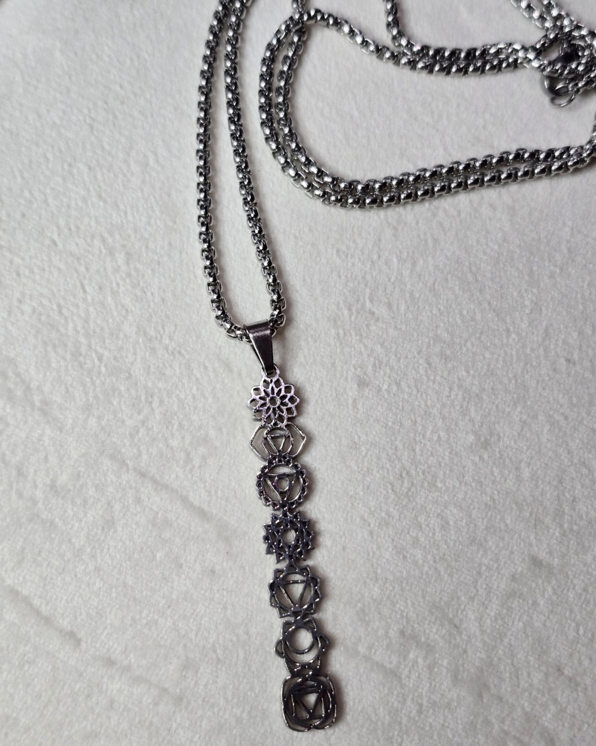 7 Seven Chakra Sacred Geometry Stainless Steel Necklace Vertical Pendant 20"