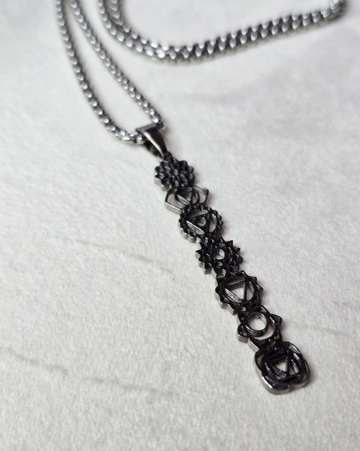 7 Seven Chakra Sacred Geometry Stainless Steel Necklace Vertical Pendant 20"