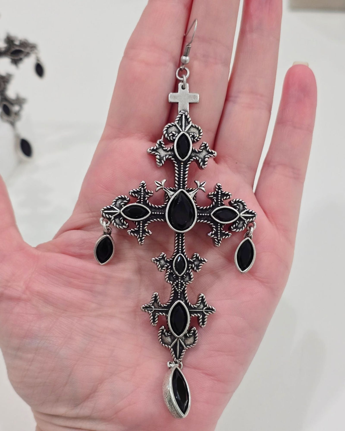 Killstar Crossed Desire Earrings Gothic Baroque Cross Black Chandelier Hangers