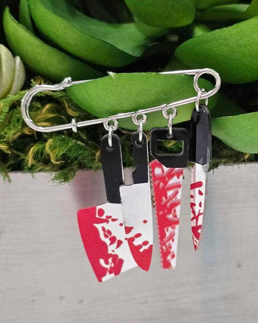 Artisan Bloody Knife Charms Safety Pin Brooch Horror Splatter Kilt Pin