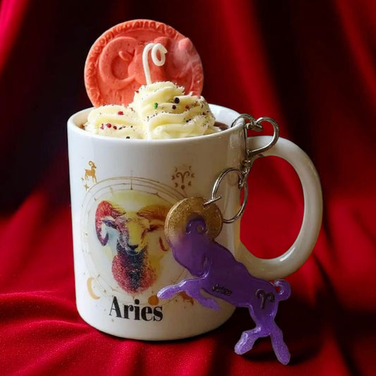 Aries Zodiac Candle Gift Set – Scented Mug Candle w/ Handmade Resin Keychain