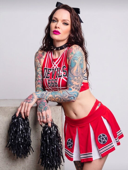 Trickz N Treatz Satans Cheerleader Devils 666 Crop Top Pleated Mini Skirt Set M
