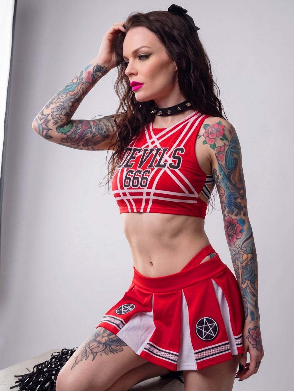 Trickz N Treatz Satans Cheerleader Devils 666 Crop Top Pleated Mini Skirt Set M