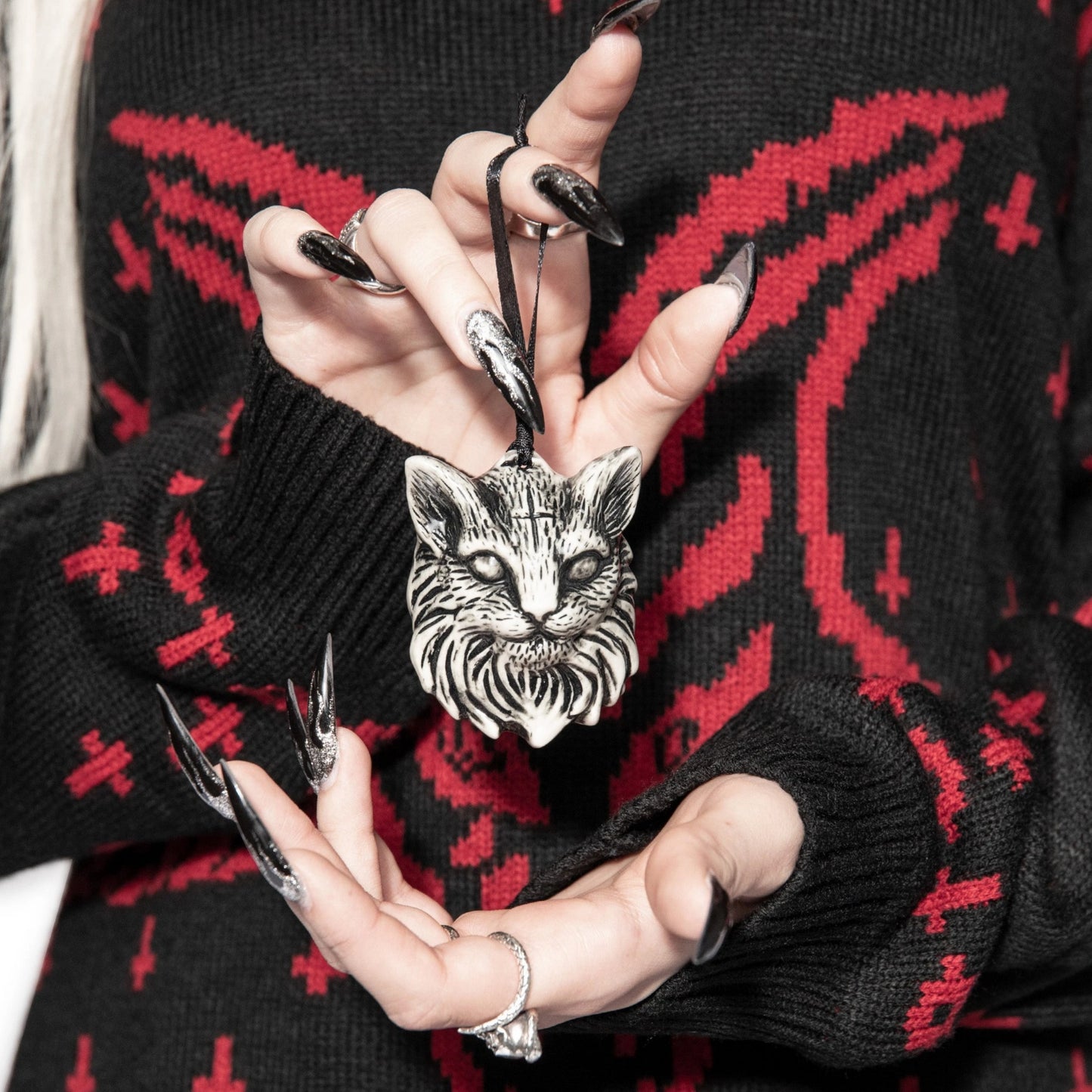 Lucipurr - Ceramic Ornament | Black and White Cat With Cross - Blackcraft Cult - Ornaments