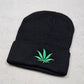 Unisex Embroidered Weed Leaf Beanie | Solid Black with Green Pot Leaf at Front - A Gothic Universe - Beanies
