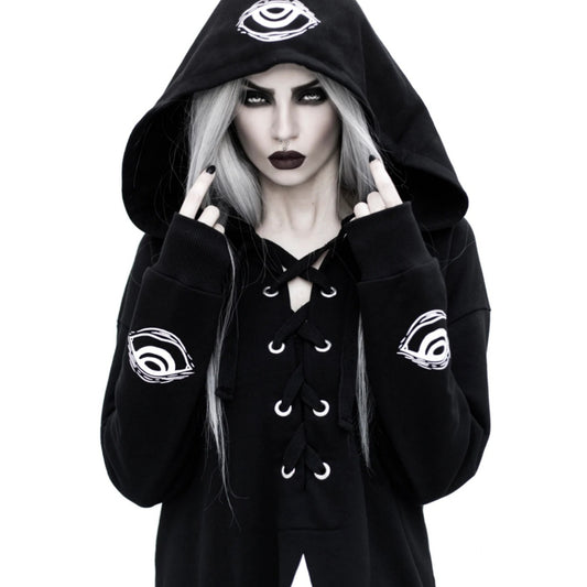 Shaman's Eye Oversized Jumper Hoodie |  Unisex Lace-up Black Cotton - Rogue + Wolf - Hoodies