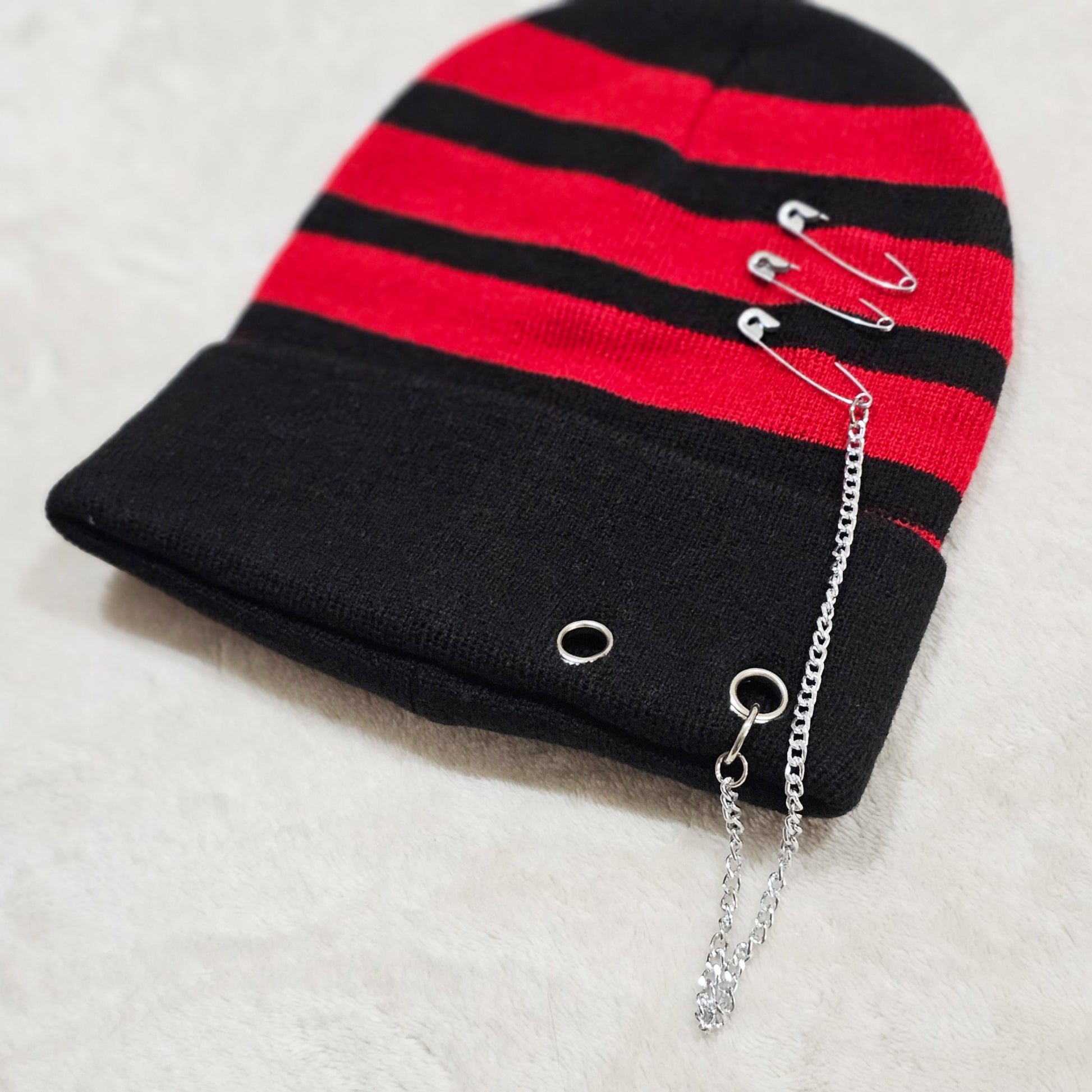 Punk Style Beanie | Black With Red Stripes Safety Pins & A Chain - Dolls Kill - Beanies