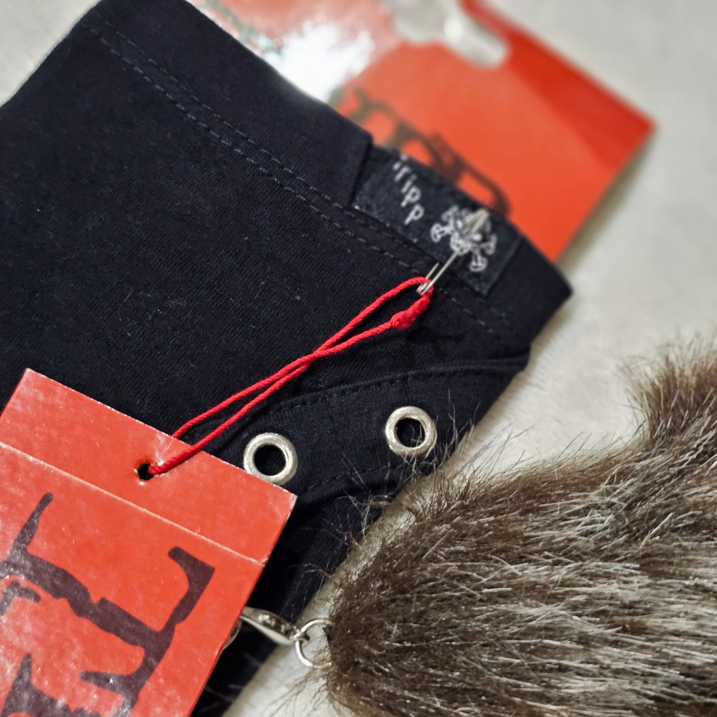 Tail Pin Arm Warmers | Black Brown Fingerless Gloves Grommet Straps Safety Pins Good Luck Tail - Tripp nyc - Arm Warmers