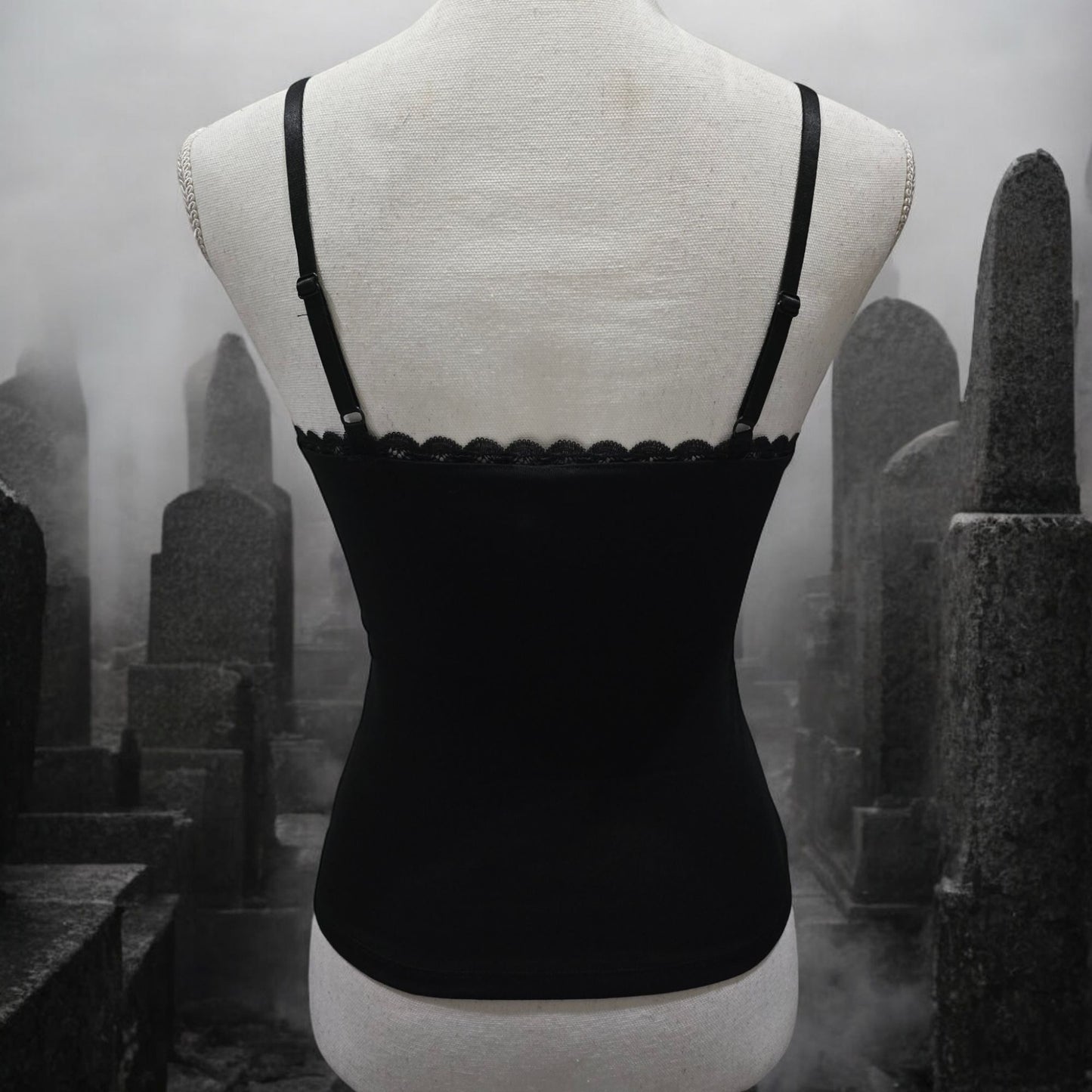 Black Spaghetti Strap Tank With Witch & Moon Design Lace Trim -  - Tops