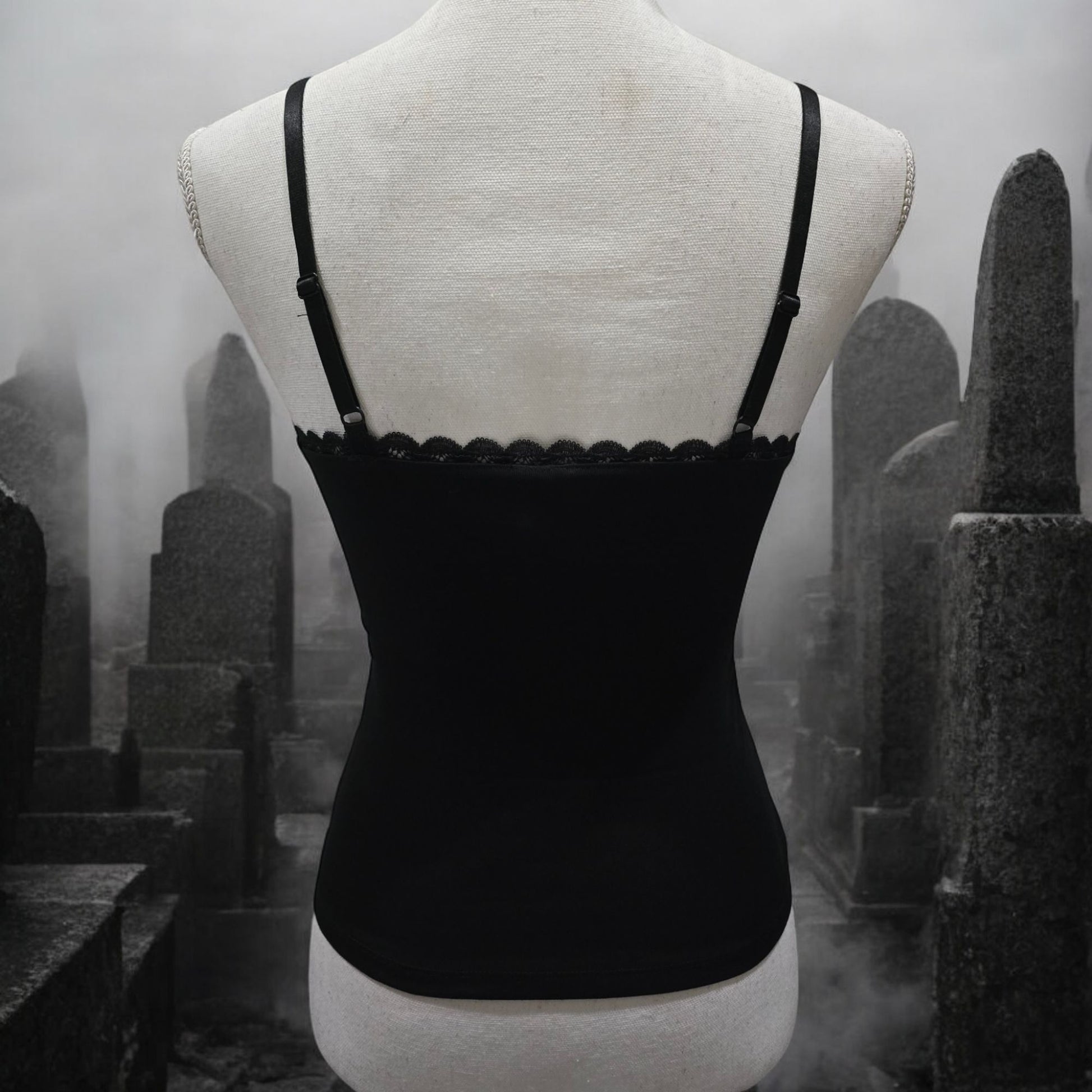 Black Spaghetti Strap Tank With Witch & Moon Design Lace Trim -  - Tops