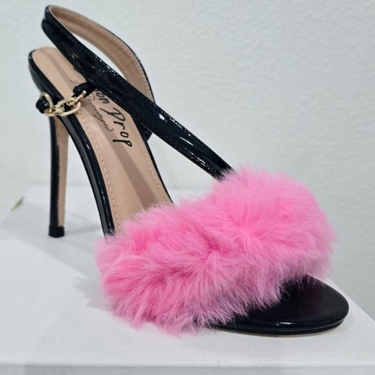Lerpa Black Vegan Leather Peep-Toe Heels with Pink Faux Fur Trim