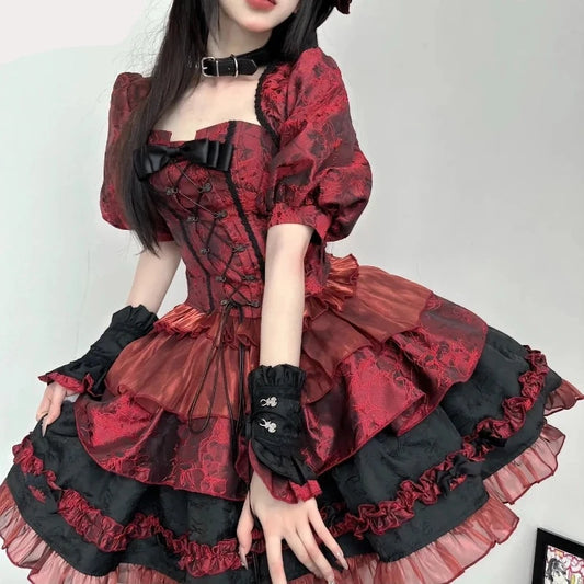 Enchanting Elegance Victorian Gothic Lolita 3-Piece Dress Set | Burgundy & Black - A Gothic Universe - Dresses
