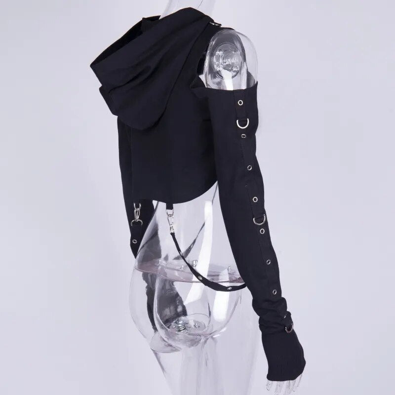 Buckled Lolita Cropped Hoodie | Black Cold Shoulder Gothic Lace-up Back Long Sleeve with Thumb Holes - A Gothic Universe - Cropped Hoodies