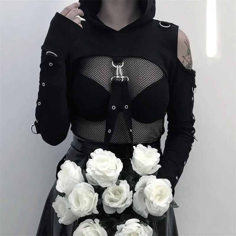 Buckled Lolita Cropped Hoodie | Black Cold Shoulder Gothic Lace-up Back Long Sleeve with Thumb Holes - A Gothic Universe - Cropped Hoodies