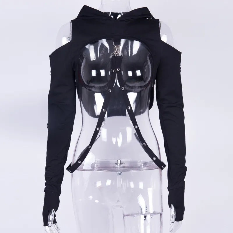 Buckled Lolita Cropped Hoodie | Black Cold Shoulder Gothic Lace-up Back Long Sleeve with Thumb Holes - A Gothic Universe - Cropped Hoodies