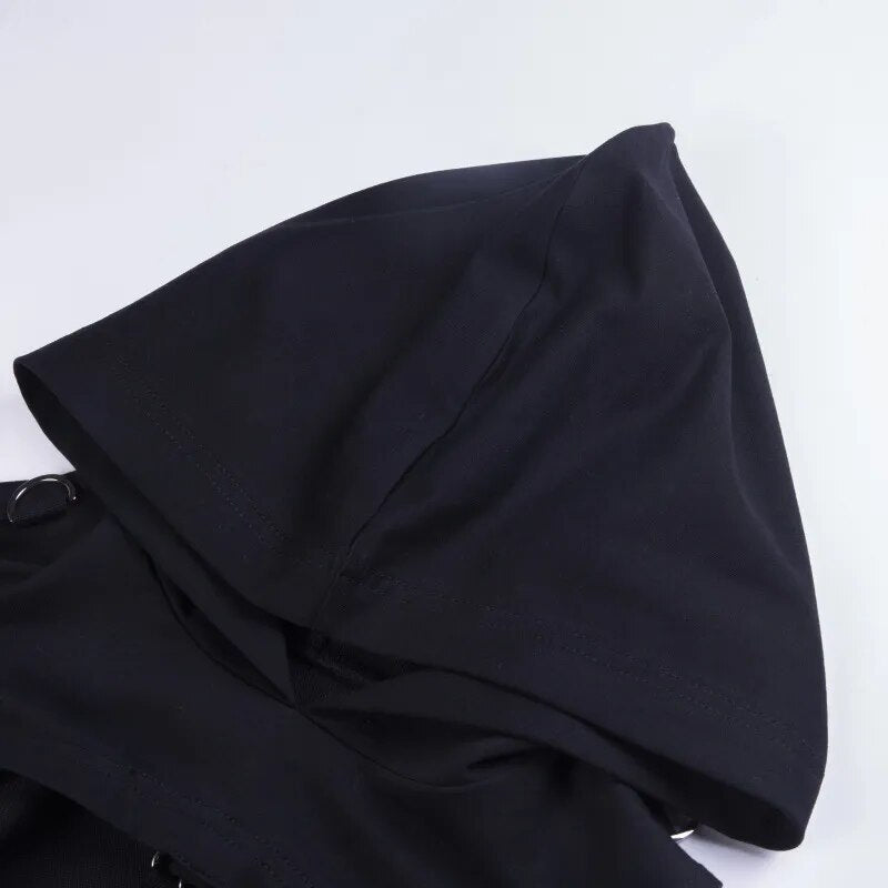 Buckled Lolita Cropped Hoodie | Black Cold Shoulder Gothic Lace-up Back Long Sleeve with Thumb Holes - A Gothic Universe - Cropped Hoodies
