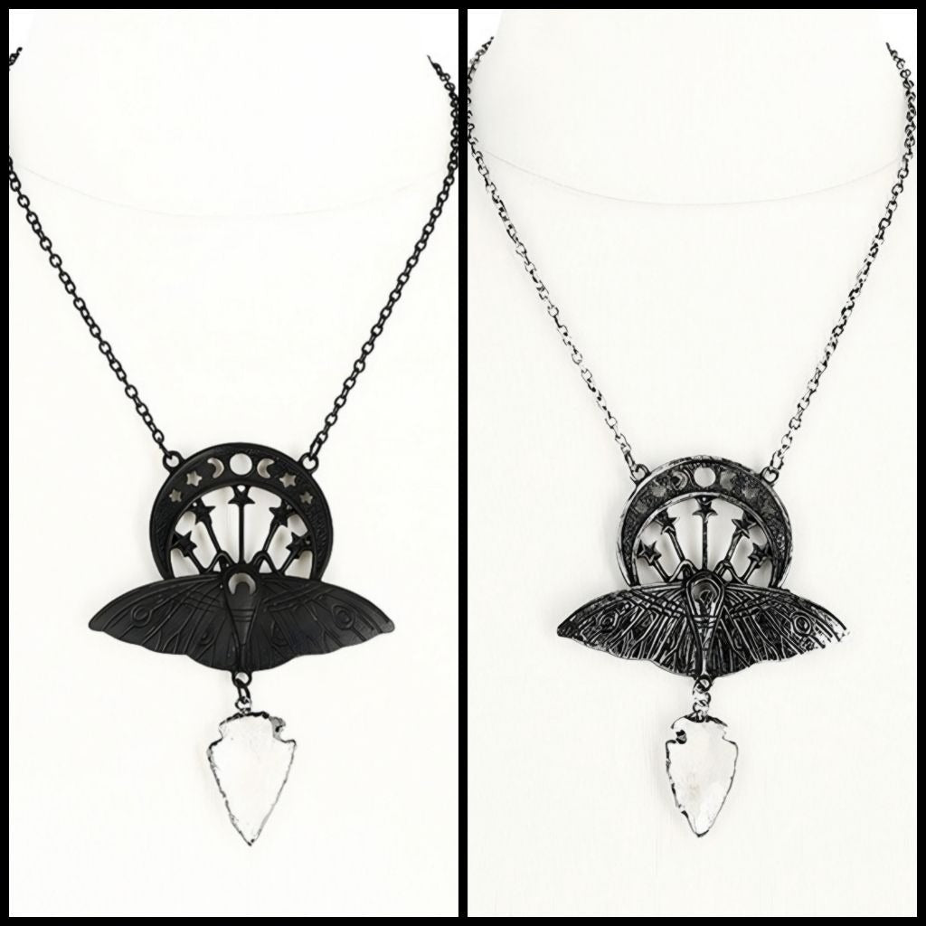Death Moth Quartz Pendant ✦ Moon Phases ✦ Raw Arrowhead ✦ Black/Silver