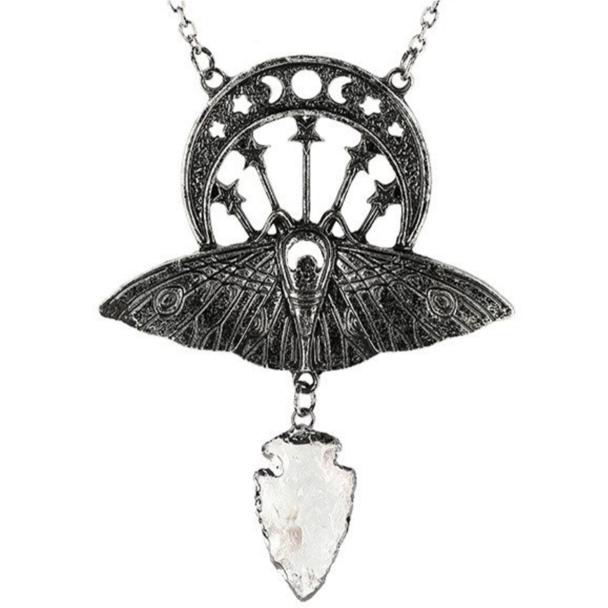 Death Moth Quartz Pendant ✦ Moon Phases ✦ Raw Arrowhead ✦ Black/Silver