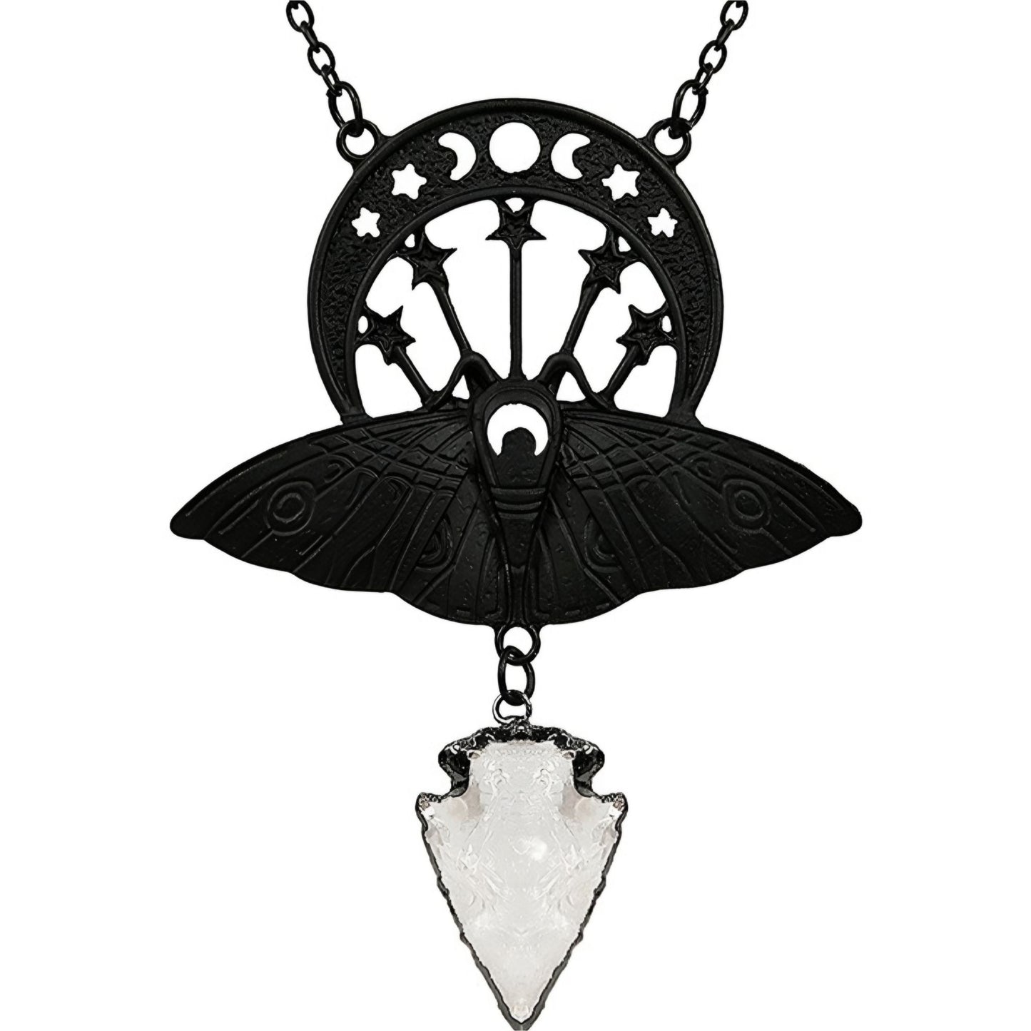 Death Moth Quartz Pendant ✦ Moon Phases ✦ Raw Arrowhead ✦ Black/Silver