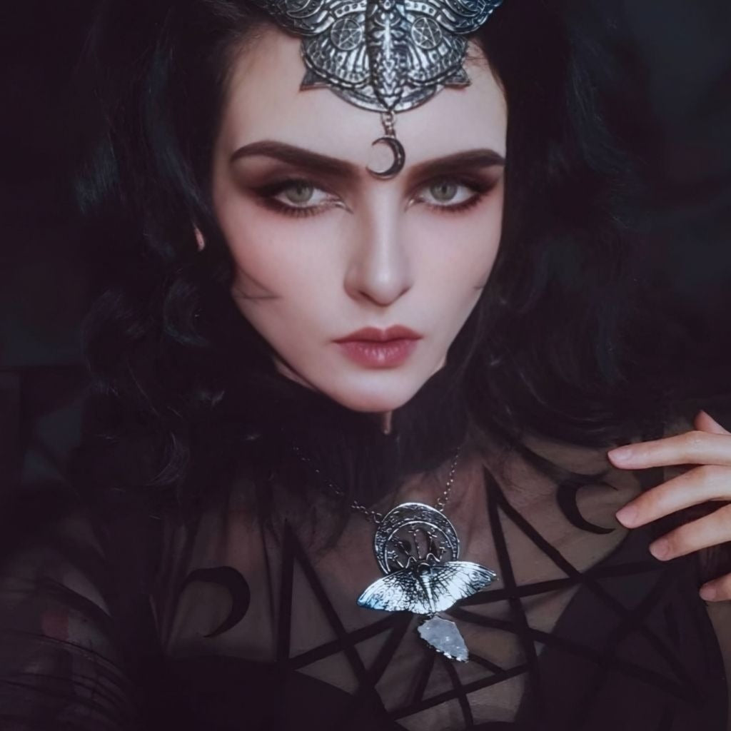 Death Moth Quartz Pendant ✦ Moon Phases ✦ Raw Arrowhead ✦ Black/Silver
