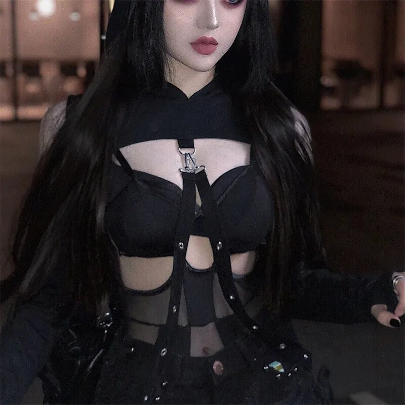 Buckled Lolita Cropped Hoodie | Black Cold Shoulder Gothic Lace-up Back Long Sleeve with Thumb Holes - A Gothic Universe - Cropped Hoodies