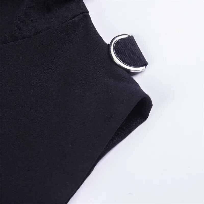 Buckled Lolita Cropped Hoodie | Black Cold Shoulder Gothic Lace-up Back Long Sleeve with Thumb Holes - A Gothic Universe - Cropped Hoodies