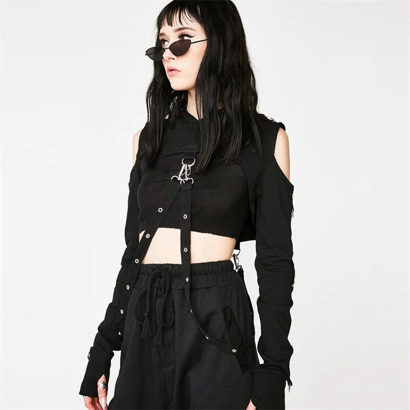 Buckled Lolita Cropped Hoodie | Black Cold Shoulder Gothic Lace-up Back Long Sleeve with Thumb Holes - A Gothic Universe - Cropped Hoodies