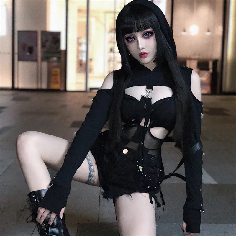Buckled Lolita Cropped Hoodie | Black Cold Shoulder Gothic Lace-up Back Long Sleeve with Thumb Holes - A Gothic Universe - Cropped Hoodies