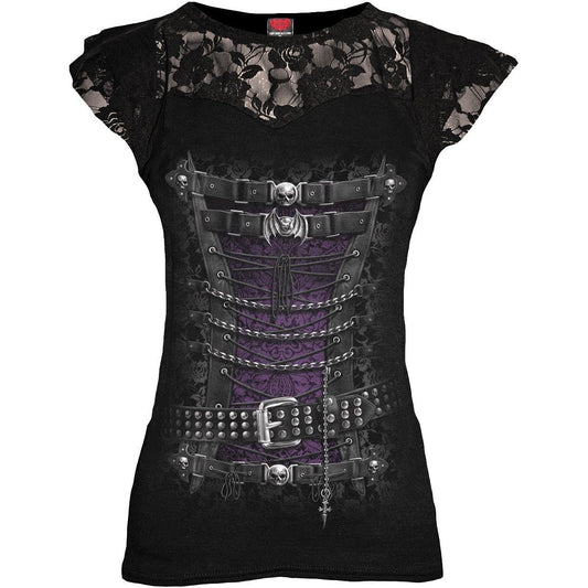 WAISTED CORSET - Lace Layered Cap Sleeve Top Black -  - Tops - Short Sleeve