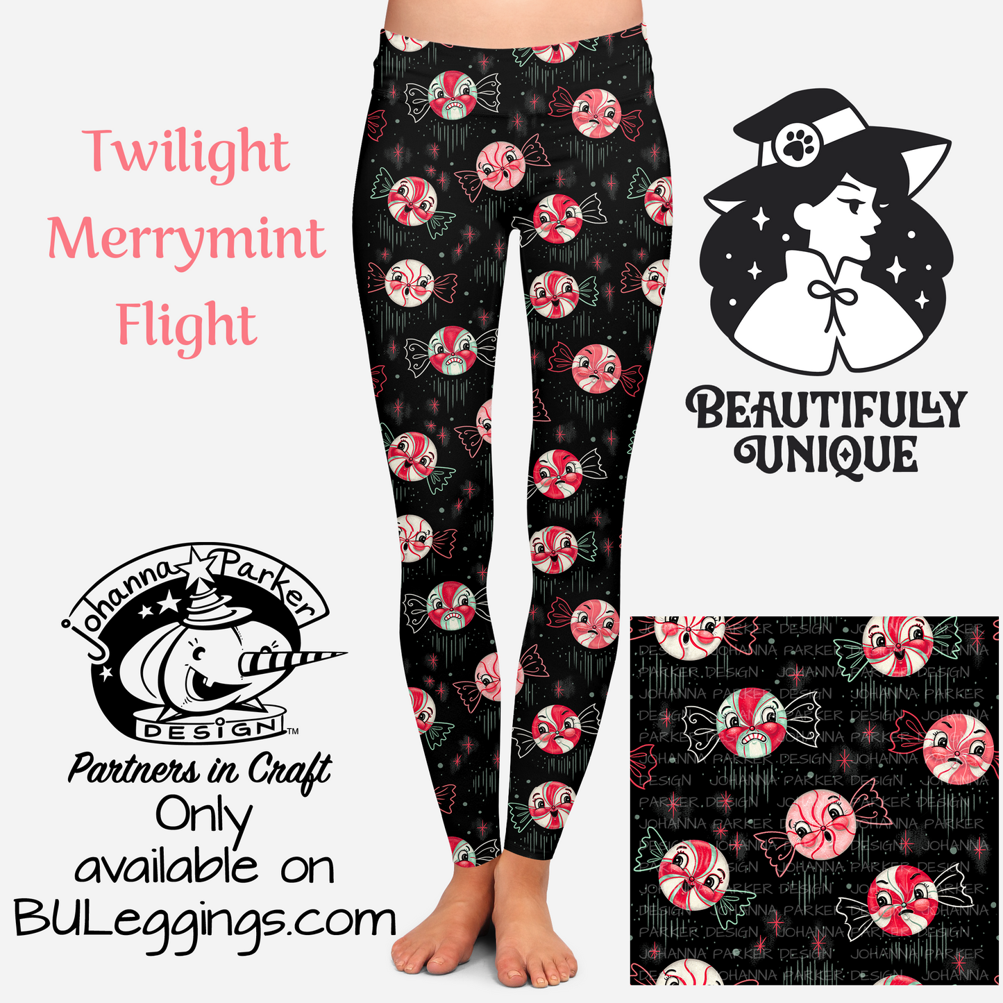 "Twilight Merrymint Flight" (Johanna Parker Exclusive) Christmas Mint Candy- Leggings (Copy) -  - Leggings