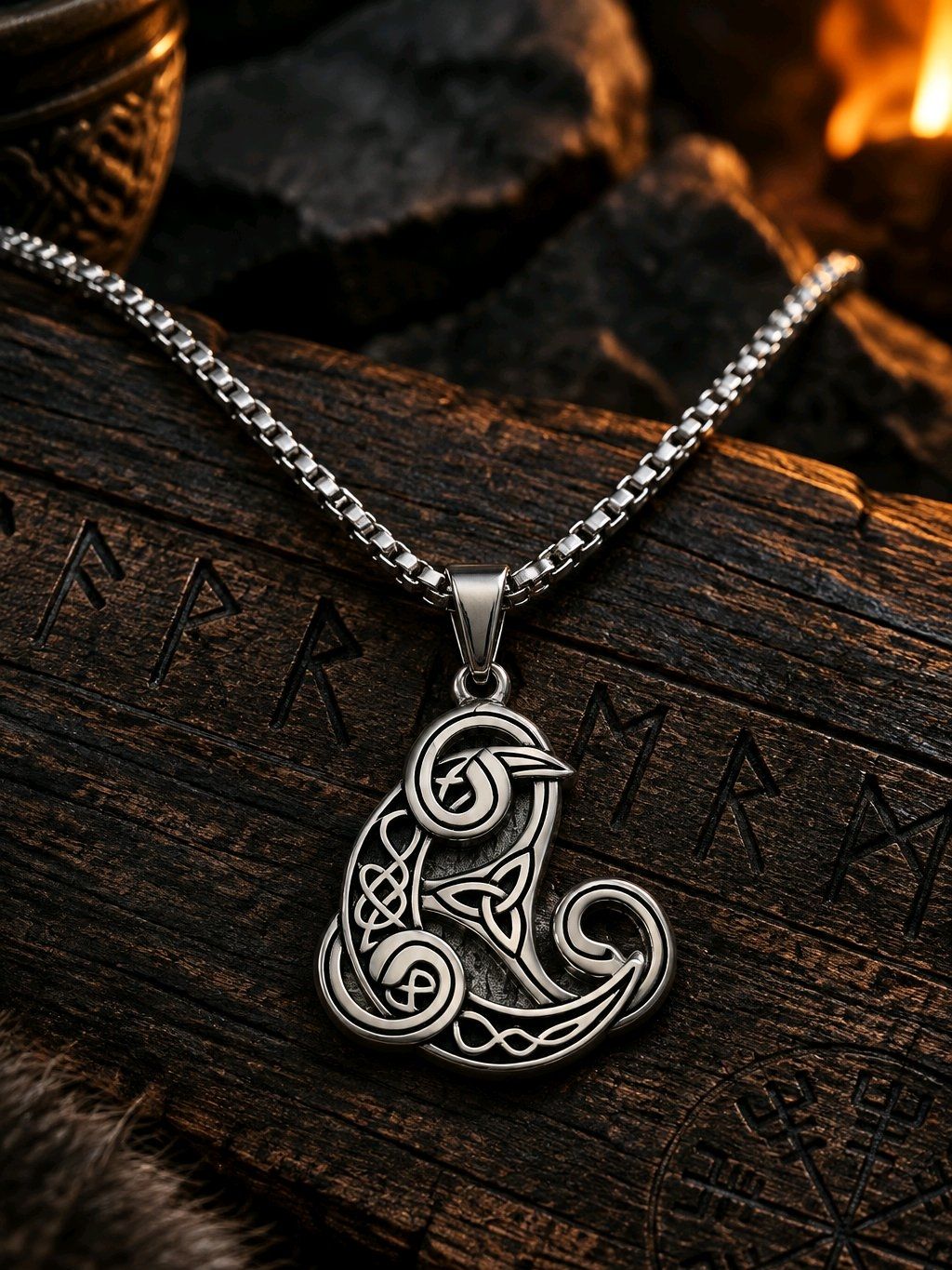 Norse Viking Raven Triskele Necklace Stainless Steel Odin Knot Pendant 20"