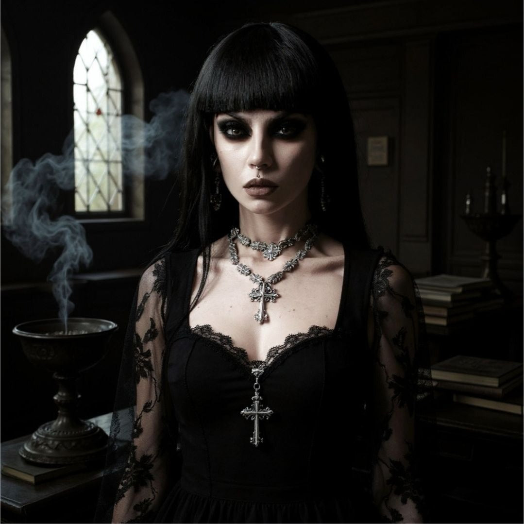 Amdis Cross Black & Silver Gothic Cross Pendant Necklace w/ Velvet Band