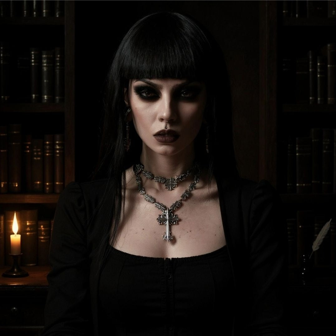 Amdis Cross Black & Silver Gothic Cross Pendant Necklace w/ Velvet Band