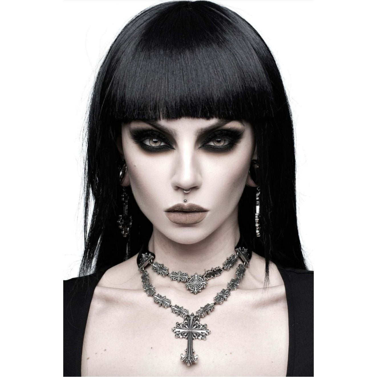 Amdis Cross Black & Silver Gothic Cross Pendant Necklace w/ Velvet Band