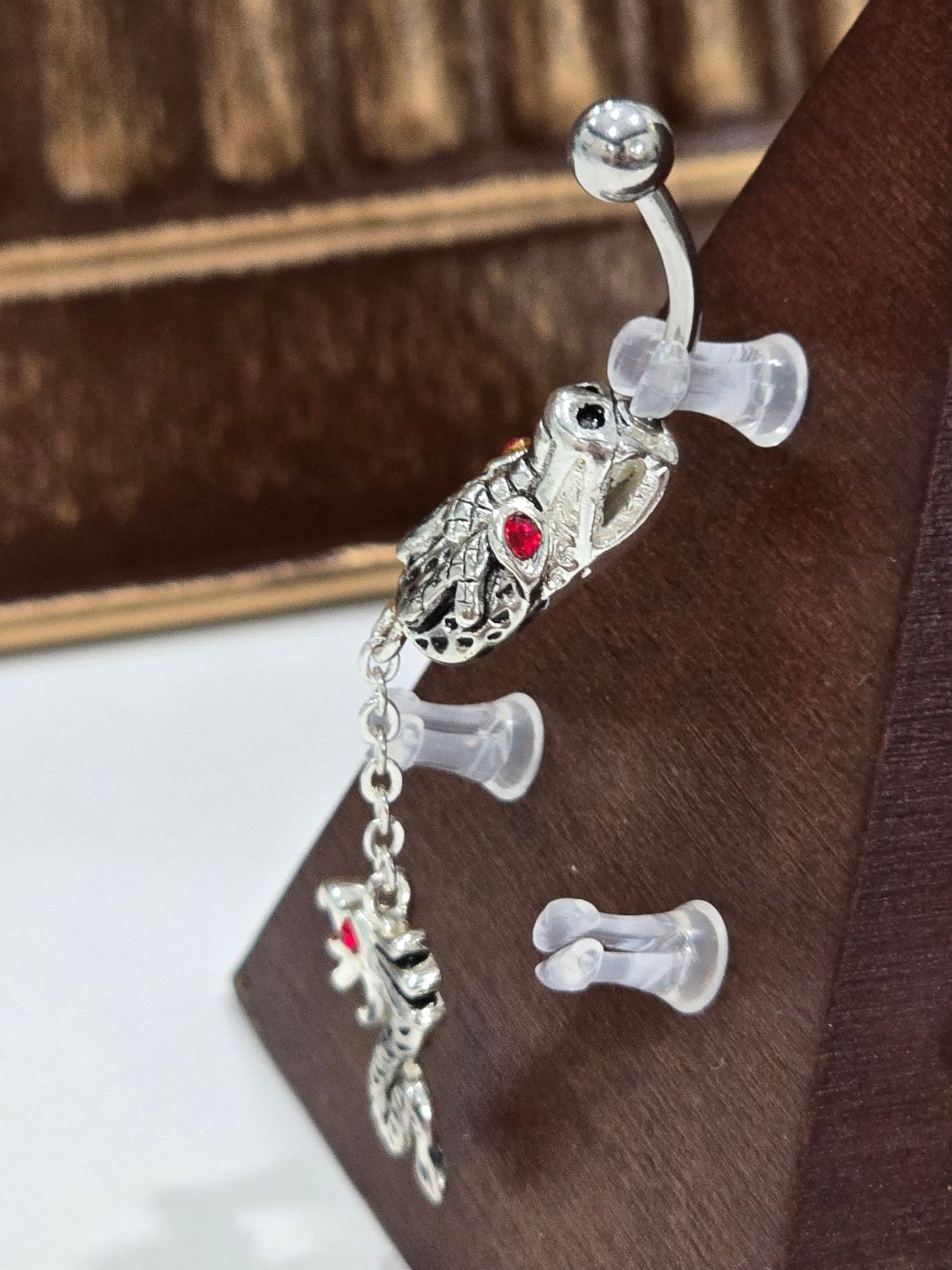 Painful Pleasures Dragon Dangle Navel Ring in 14G Surgical Steel with Red Gems
