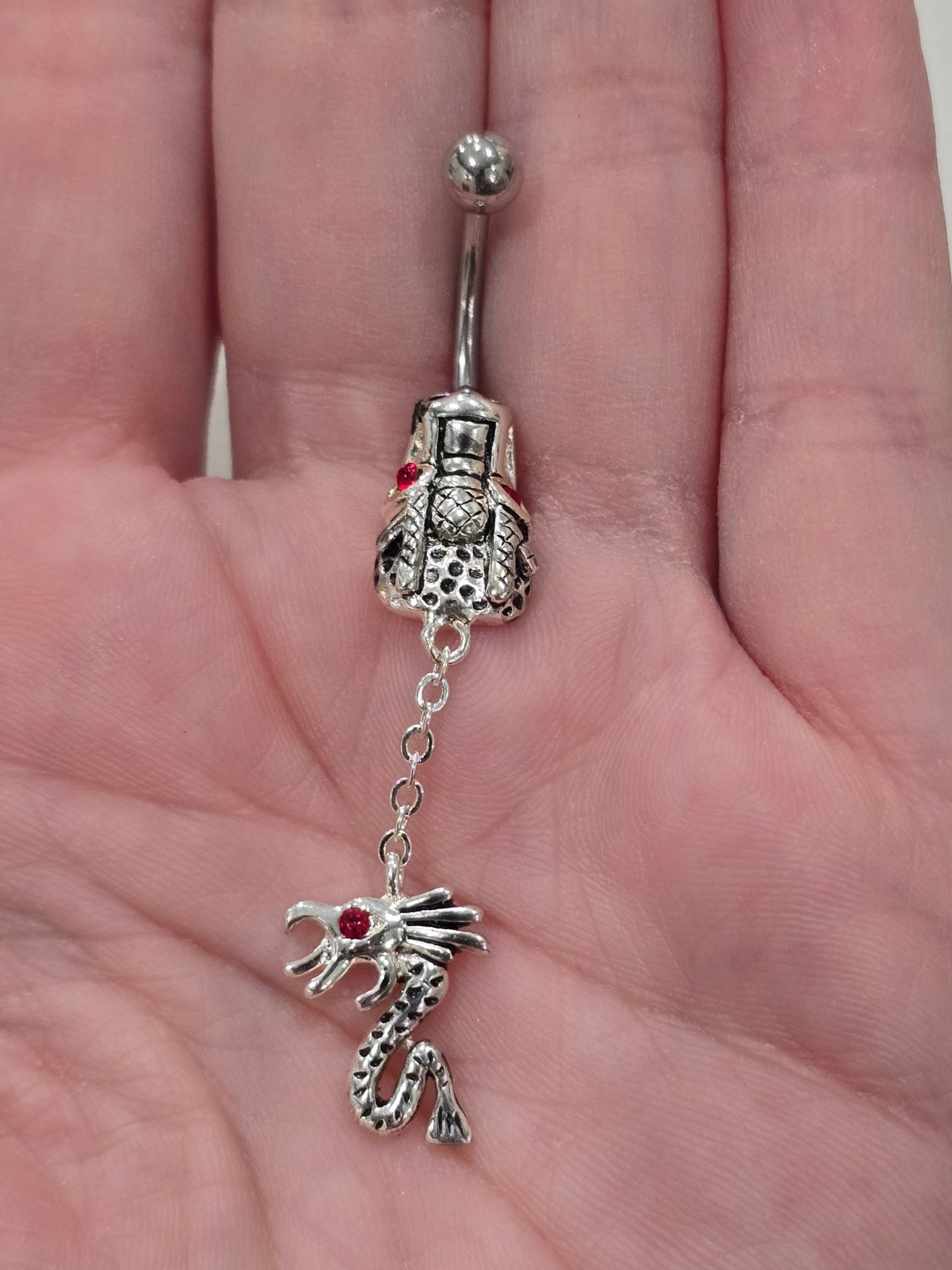 Painful Pleasures Dragon Dangle Navel Ring in 14G Surgical Steel with Red Gems