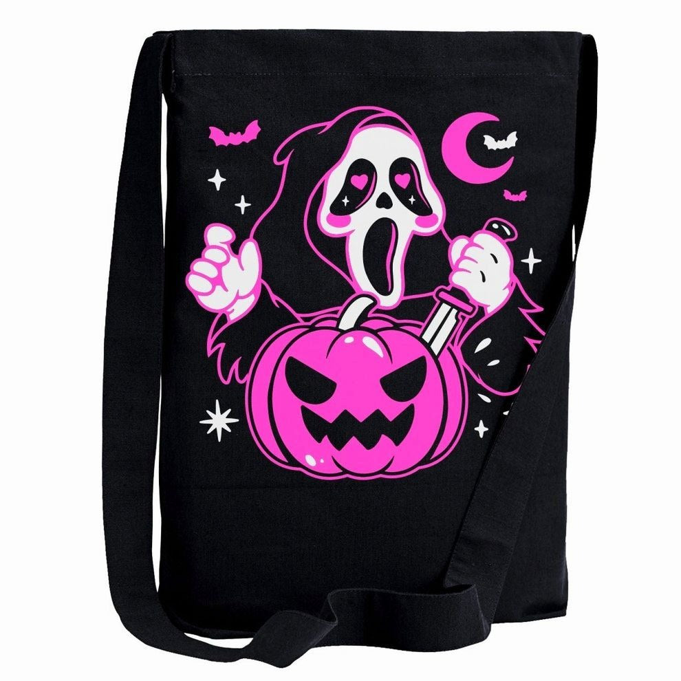 Cute Ghostface Pumpkin Sling Tote Bag Black W/ Pink Horror