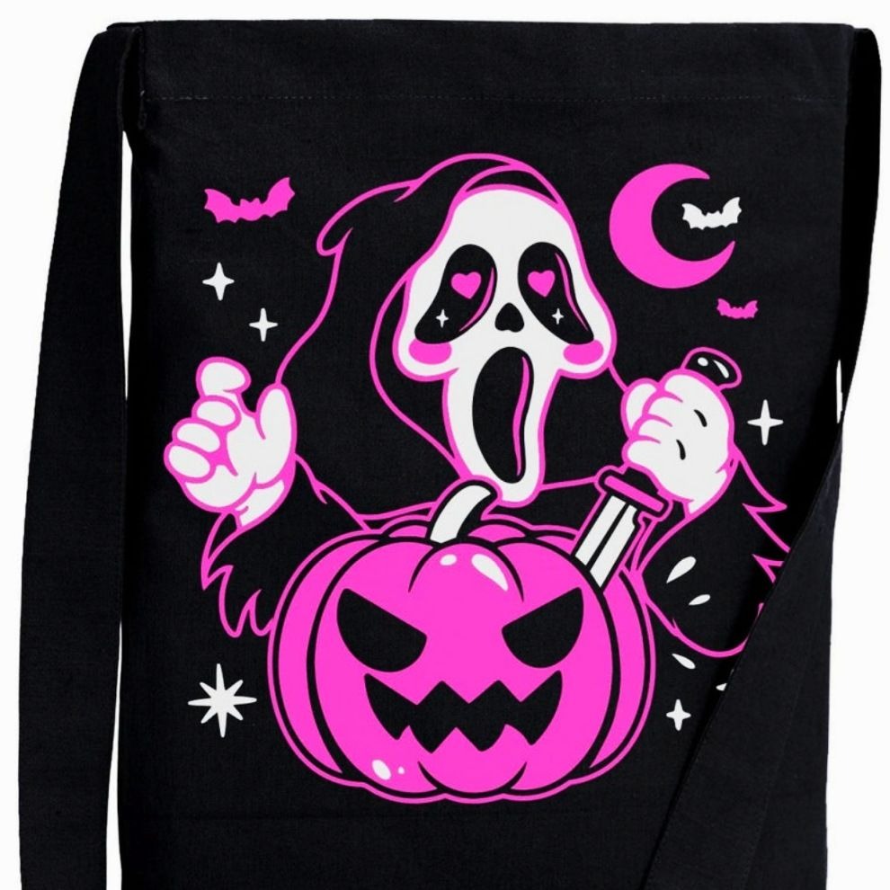 Cute Ghostface Pumpkin Sling Tote Bag Black W/ Pink Horror