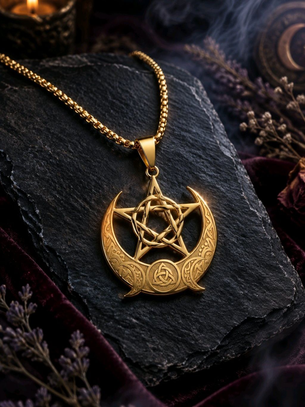 Gold Crescent Moon Pentagram Necklace Celtic Triquetra Trinity Pendant 20"