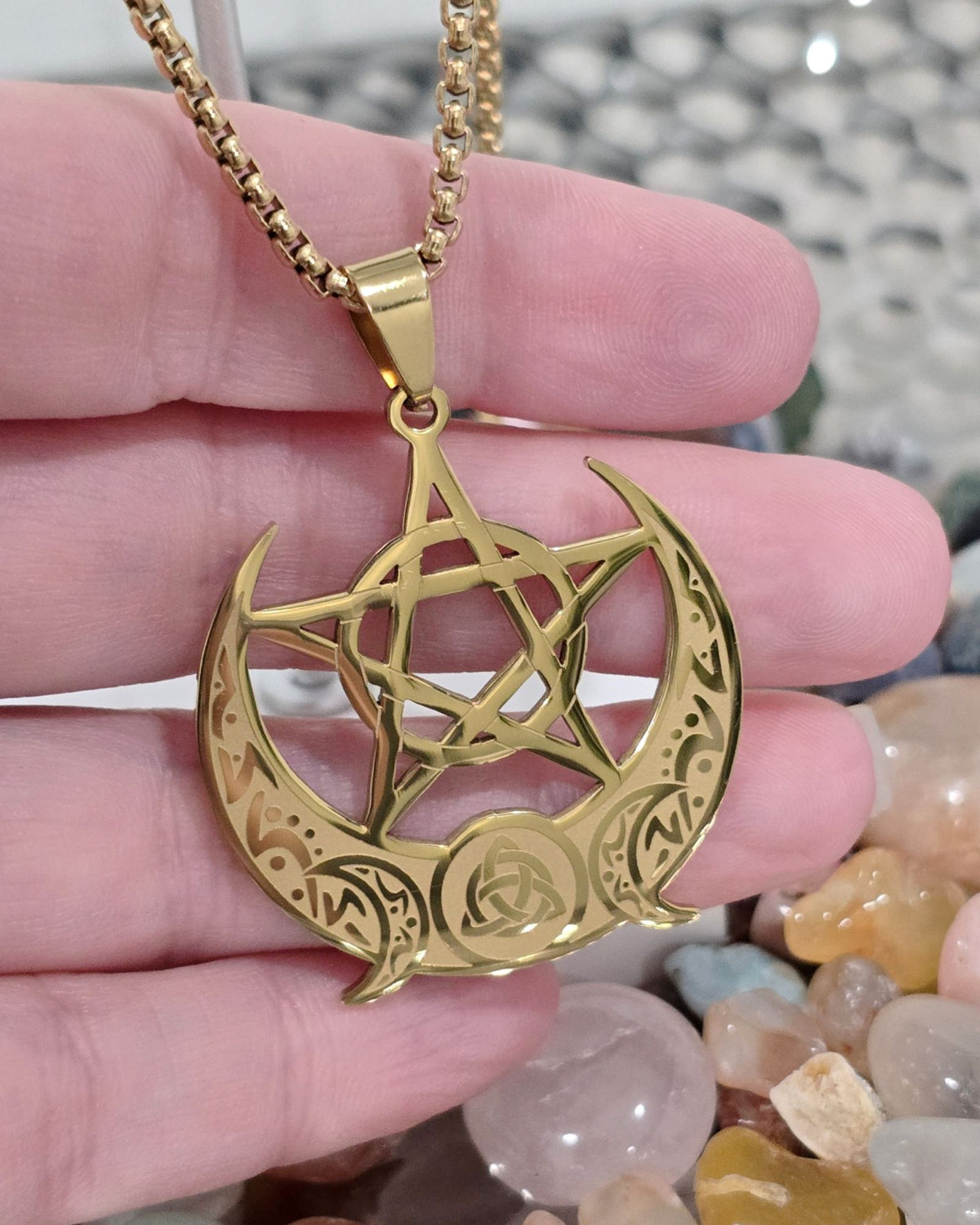 Gold Crescent Moon Pentagram Necklace Celtic Triquetra Trinity Pendant 20"