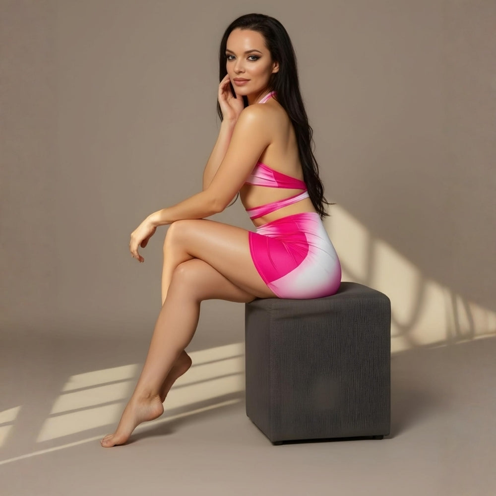 Jireh x Dolls Kill Pink White Ombre Halter Top & V-Cut Mini Skirt Set
