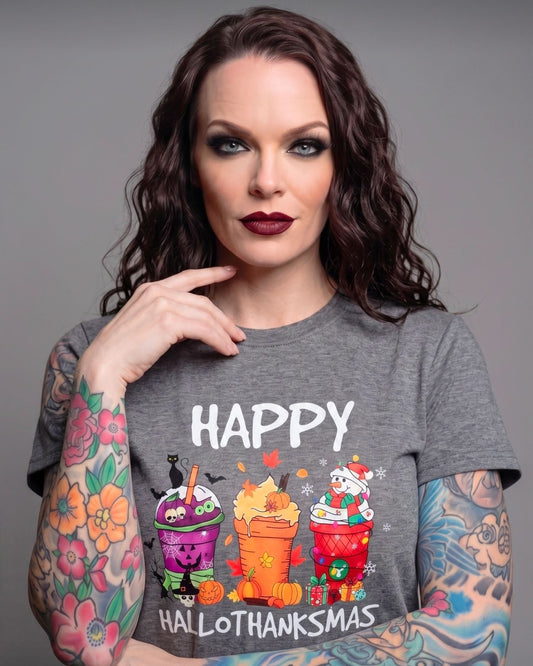 Happy Hallothanksmas Holiday Graphic Tee Charcoal Grey Festive Top L New