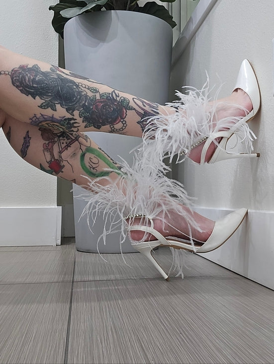 White Feather Rhinestone Pumps with Pointed Toe & 4-Inch Heel
