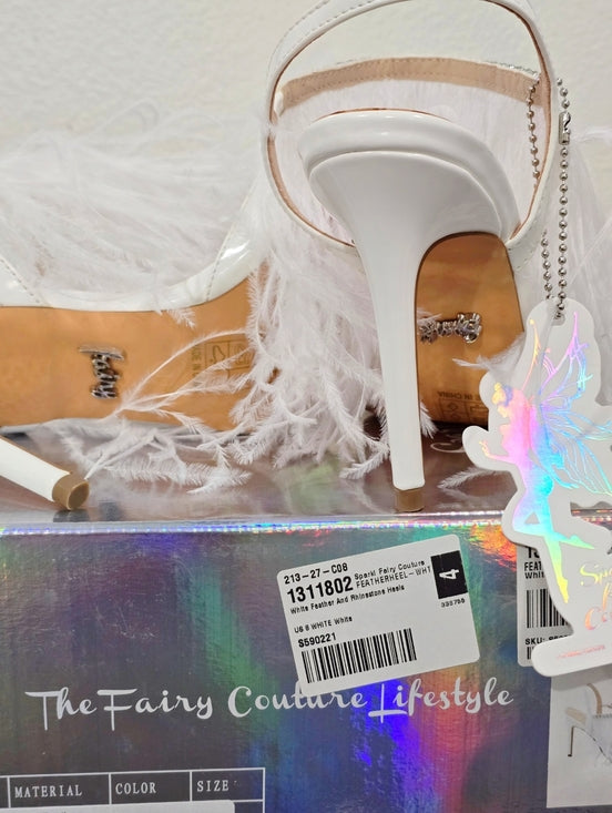 White Feather Rhinestone Pumps with Pointed Toe & 4-Inch Heel